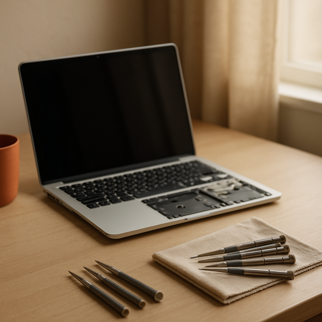 A tidy desk with a laptop open mid-repair beside precision tools in warm daylight